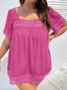 SHEIN Clasi Áo sơ mi Plus Size Tương phản ren màu trơn Giải trí - Màu Hồng Tươi - Xem 4