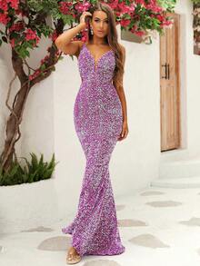 LOVE&LEMONADE Đầm Lộ Lưng Tương phản Mesh ghép mộng kim sa Buộc lại Dây kéo màu trơn Buổi tiệc - Màu tím - Xem 4