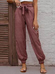 SHEIN LUNE 紙袋腰腰帶長褲 - 紅木色 - 查看 6