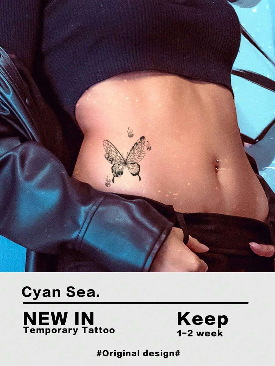 Nhãn dán hình xăm hoa văn bướm, 1 tấm PVC Giấy xăm tạm thời cho cơ thể - màu đen - Xem 1