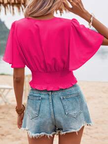 SHEIN VCAY Blusa unicolor de manga mariposa fruncido - Rosa Fucsia - Ver 2