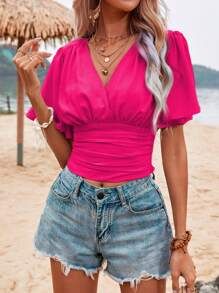 SHEIN VCAY Blusa unicolor de manga mariposa fruncido - Rosa Fucsia - Ver 3