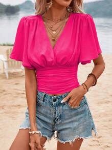 SHEIN VCAY Blusa unicolor de manga mariposa fruncido - Rosa Fucsia - Ver 5