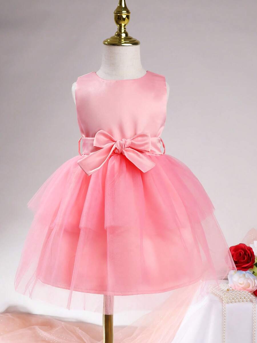 網拼接純色嬰兒連衣裙