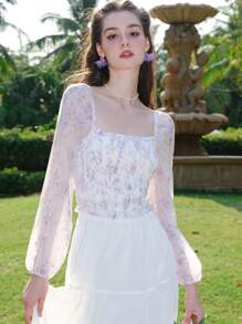 Áo sơ mi nữ Dải chun viền lá sen Thắt nút Hoa Boho - trắng - Xem 1