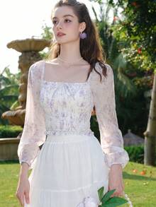 Áo sơ mi nữ Dải chun viền lá sen Thắt nút Hoa Boho - trắng - Xem 3