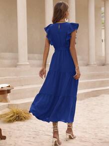 SHEIN Frenchy Ruffle Trim Belted Dress Summer Casual Blue - Royal Blue - View 2