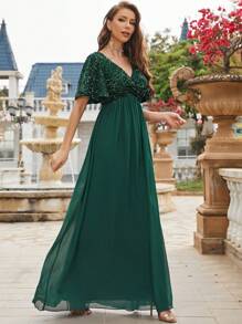 Contrast Sequin Split Sleeve Chiffon Formal Dress - Dark Green - View 3