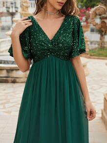 Contrast Sequin Split Sleeve Chiffon Formal Dress - Dark Green - View 4