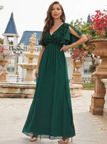 Contrast Sequin Split Sleeve Chiffon Formal Dress - Dark Green - View 5