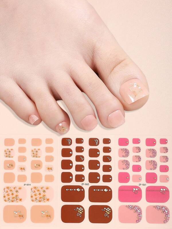 3D Rhinestone Decor Full Toenail Stickers, 3sheets ABS Flower Print