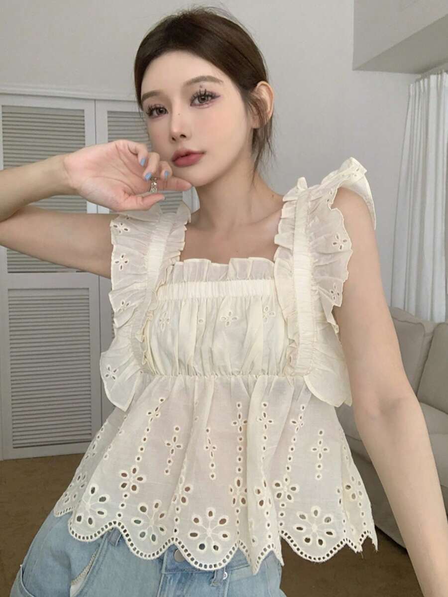 Solid Ruffle Trim Eyelet Embroidery Peplum Blouse - Apricot - View 1