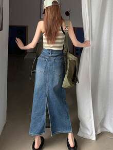 Falda en mezclilla desgarro con abertura trasera - Azul lavado medio - Ver 2