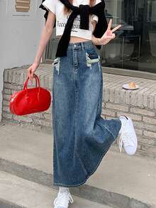 Falda en mezclilla desgarro con abertura trasera - Azul lavado medio - Ver 4