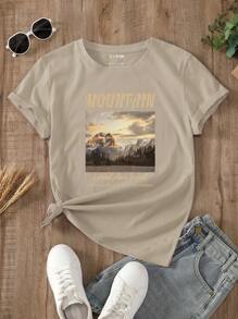 SHEIN LUNE Áo thun nữ Đồ họa Slogan Giải trí - Màu Khaki - Xem 1