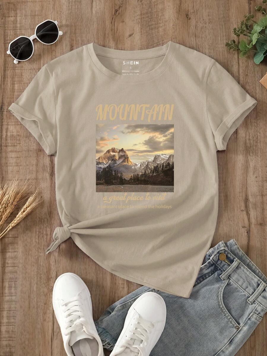 SHEIN LUNE Áo thun nữ Đồ họa Slogan Giải trí - Màu Khaki - Xem 1