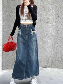 Falda en mezclilla desgarro con abertura trasera - Azul lavado medio - Ver 5