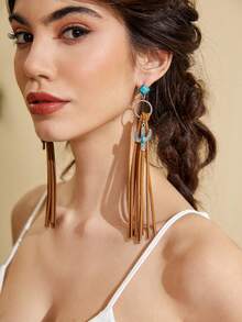 SHEIN VCAY 1對復古PU聚氨酯仙人掌和流蘇耳墜適合女士日常裝飾