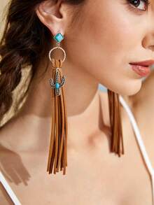 SHEIN VCAY 1對復古PU聚氨酯仙人掌和流蘇耳墜適合女士日常裝飾