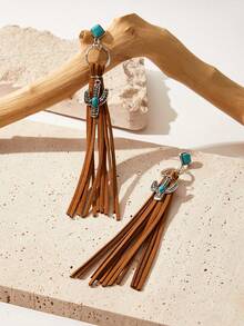 SHEIN VCAY 1對復古PU聚氨酯仙人掌和流蘇耳墜適合女士日常裝飾