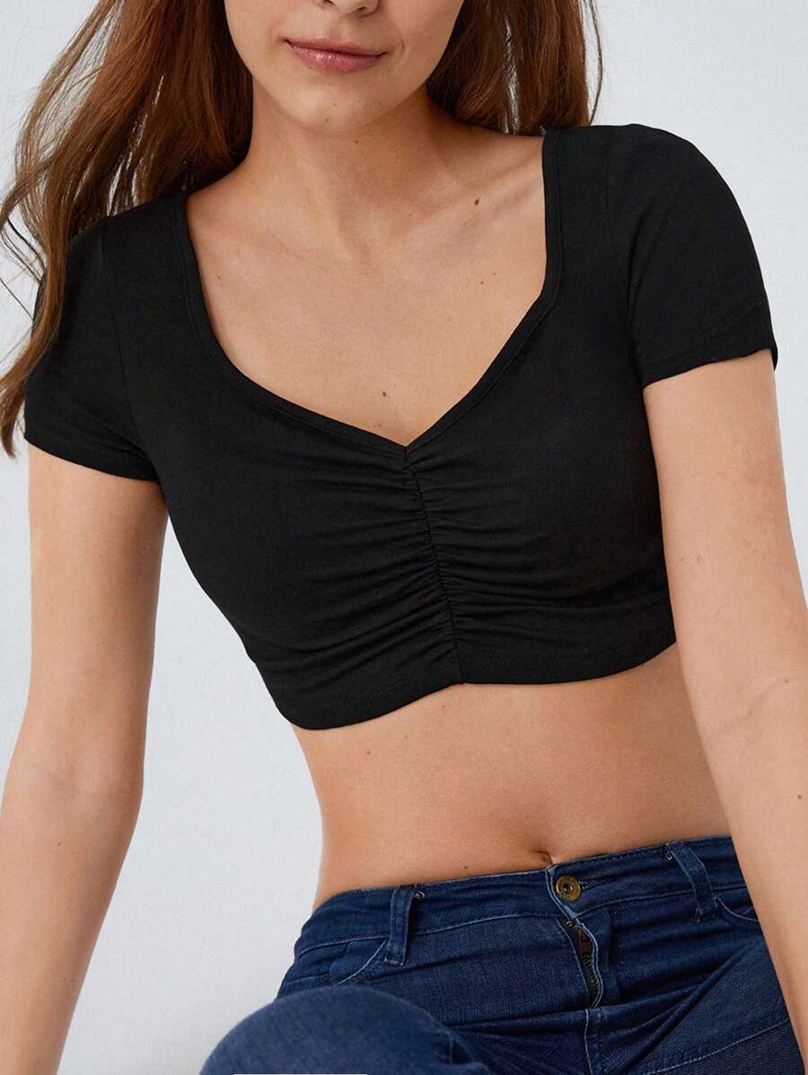 RueChic Solid Ruched Bust Crop Tee - Black - View 1