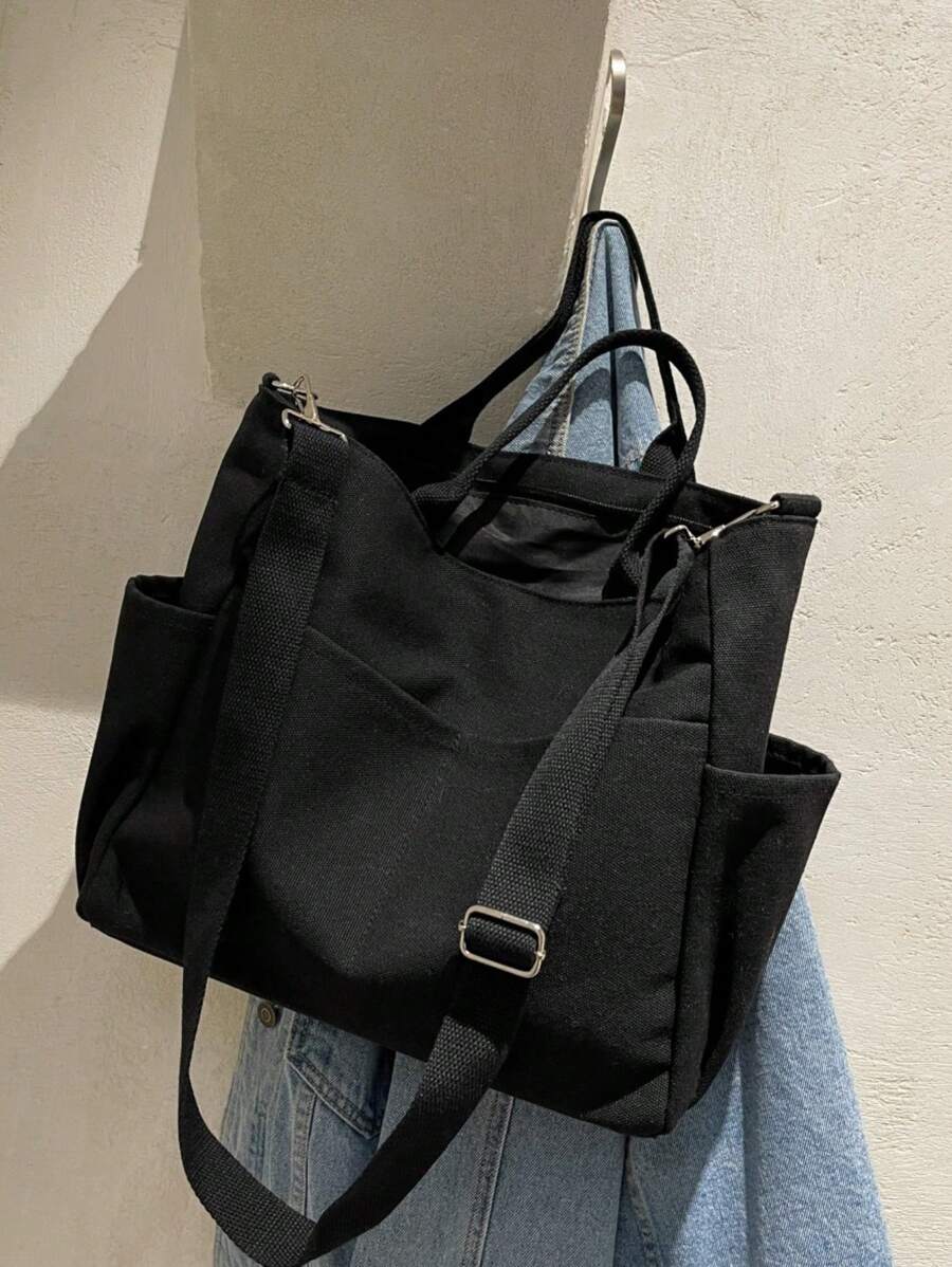 男士中小型单肩托特包，多口袋斜挎包，帆布购物袋，学生背包，办公室公文包旅行必备大号托特包 - 黑色 - 查看 1