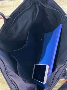 男士中小型单肩托特包，多口袋斜挎包，帆布购物袋，学生背包，办公室公文包旅行必备大号托特包 - 黑色 - 查看 4