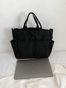 男士中小型单肩托特包，多口袋斜挎包，帆布购物袋，学生背包，办公室公文包旅行必备大号托特包 - 黑色 - 查看 5