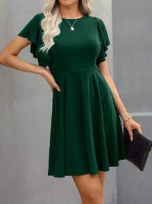 SHEIN Clasi Solid Butterfly Sleeve A-line Dress - Dark Green - View 4