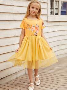 Niñas Vestido de malla con estampado floral - Amarillo - Ver 1