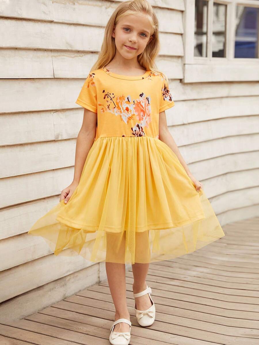 Niñas Vestido de malla con estampado floral - Amarillo - Ver 1