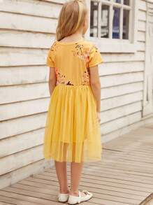 Niñas Vestido de malla con estampado floral - Amarillo - Ver 2