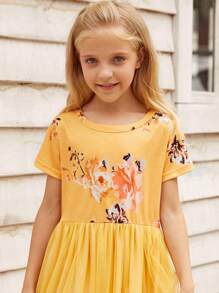 Niñas Vestido de malla con estampado floral - Amarillo - Ver 3