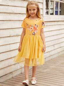 Niñas Vestido de malla con estampado floral - Amarillo - Ver 4