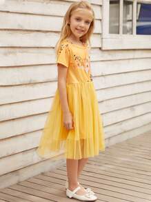 Niñas Vestido de malla con estampado floral - Amarillo - Ver 5