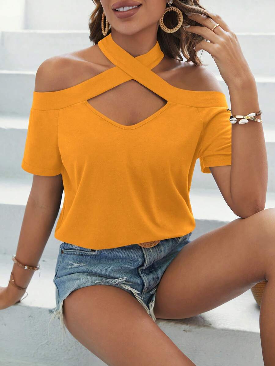SHEIN Privé Áo thun nữ Hội Chữ thập Cắt ra màu trơn Giải trí - trái cam - Xem 1