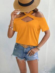 SHEIN Privé Áo thun nữ Hội Chữ thập Cắt ra màu trơn Giải trí - trái cam - Xem 3