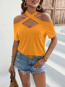 SHEIN Privé Áo thun nữ Hội Chữ thập Cắt ra màu trơn Giải trí - trái cam - Xem 6