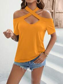 SHEIN Privé Áo thun nữ Hội Chữ thập Cắt ra màu trơn Giải trí - trái cam - Xem 7