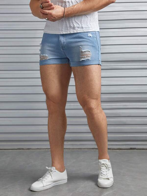 Manfinity Fever City Men Cotton Ripped Frayed Roll Hem Denim Shorts