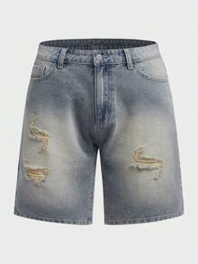 GENTILAND Men Ripped Frayed Bleach Wash Denim Shorts - Light Wash - View 3