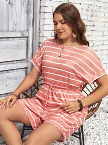 SHEIN LUNE 大碼條紋圖案蝙蝠袖前打結連身短褲 - 彩色 - 查看 4