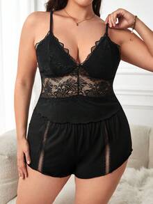 大碼蕾絲拼接吊帶背心和短褲睡衣套裝