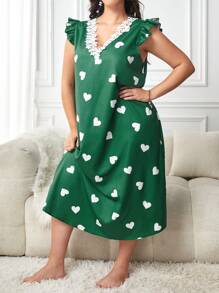 大碼愛心圖案蕾絲拼接荷葉邊睡裙 - 綠色 - 查看 4