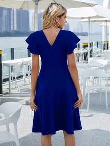 Solid Butterfly Sleeve A Line Dress - Blue - View 3