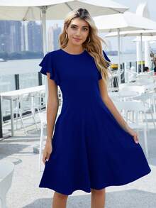 Solid Butterfly Sleeve A Line Dress - Blue - View 4