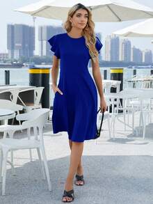 Solid Butterfly Sleeve A Line Dress - Blue - View 5