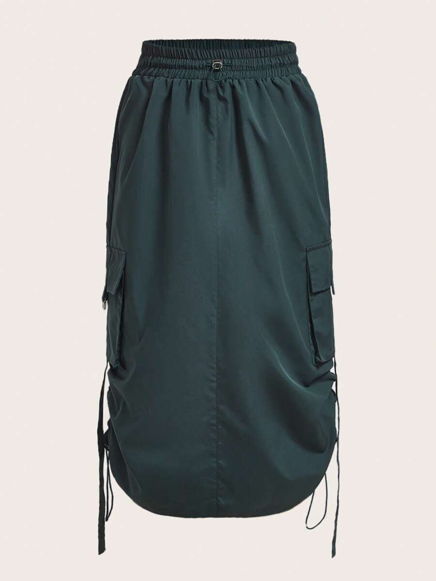 SHEIN ICON Solid Drawstring Side Cargo Skirt - Dark Green - View 1