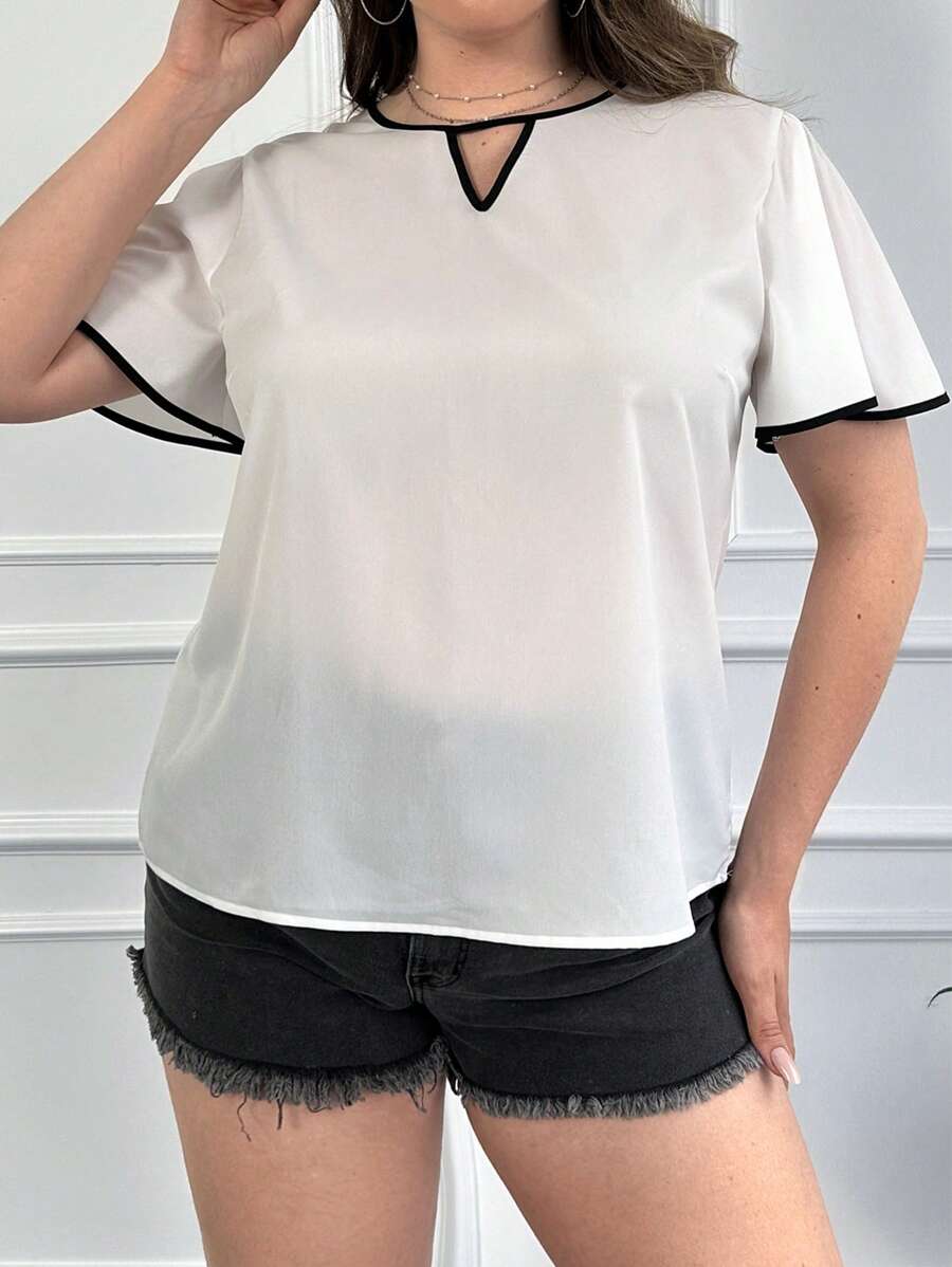 RueChic Plus Contrast Binding Keyhole Neckline Blouse - White - View 1