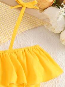 女孩荷葉邊吊帶上衣和印花前蝴蝶結短褲 - 彩色 - 查看 4